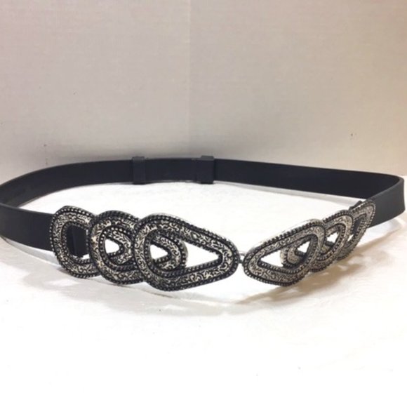 Chico's Black Genuine Leather Fashion Adjustable Silver Buckle Belt Size S/M - Picture 1 of 10
